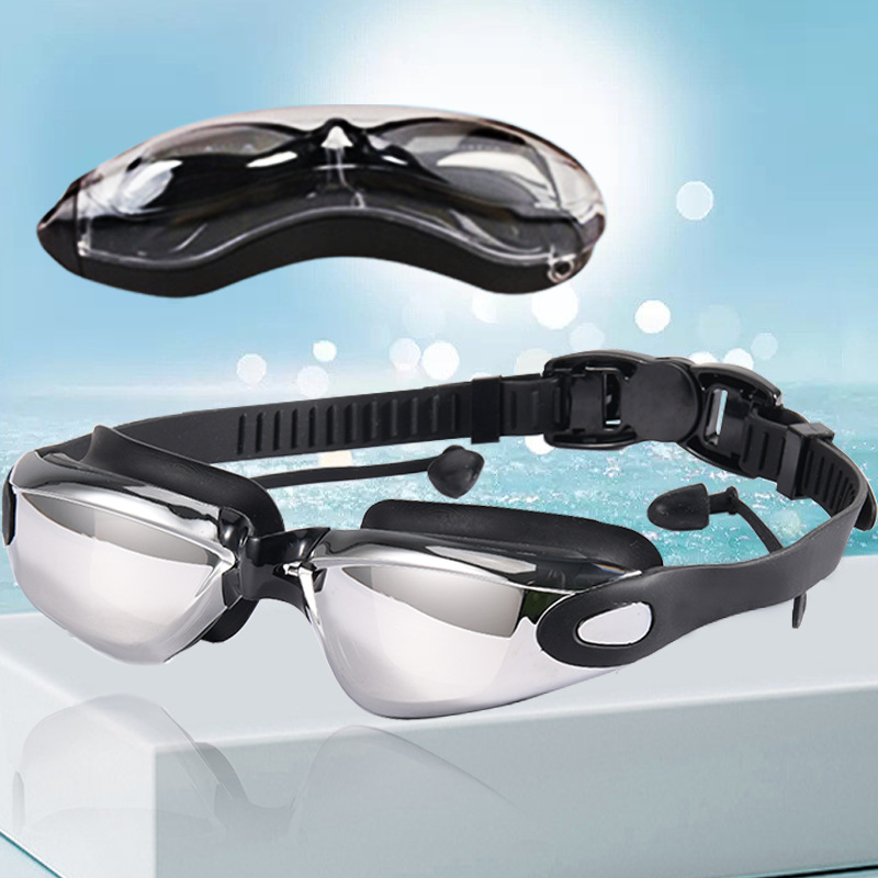 Electroplated Adult Large-Frame Swimming Goggles with Earplugs, Waterproof, Anti-Fog, High-Definition Silicone Swimming Goggles, Goggles