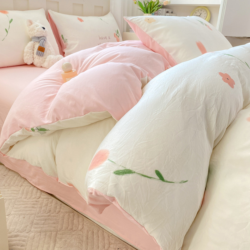 Picture of Small fresh class a 100 wash cotton four-piece set sanding cotton full quilt cover single bed hat student dormitory three or four-piece set
