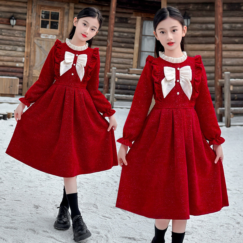 Girls' New Year's Eve Clothes Winter dress New Children's Fashion Princess Dress Red Winter Clothes Baby Girls' New Year Clothes