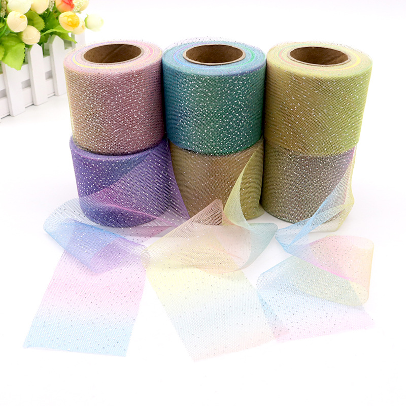 Factory wholesale 6cm Korean version of silver dot gradient rainbow mesh gauze 25 yards DIY bow mesh accessories
