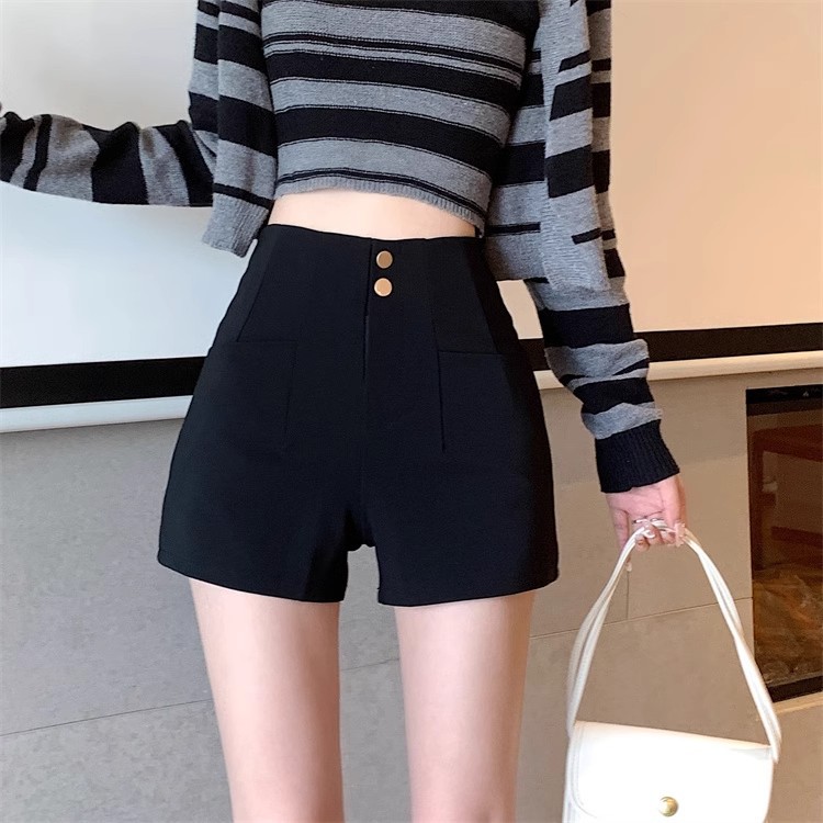 2023 new autumn and winter outer wear stretch shorts women's high waist black slimming versatile A- line suit outer wear boots fashionable