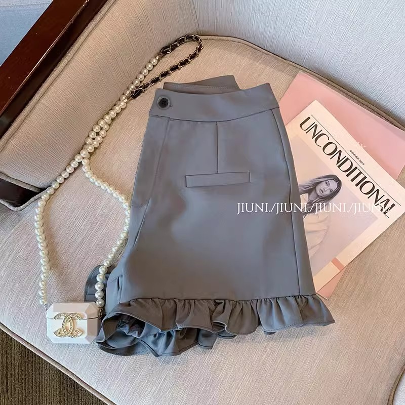 plus size Grey Ruffle Casual Shorts Women's 2024 Summer New High Waist Slim-Fit Slimming All-Match Short Pants