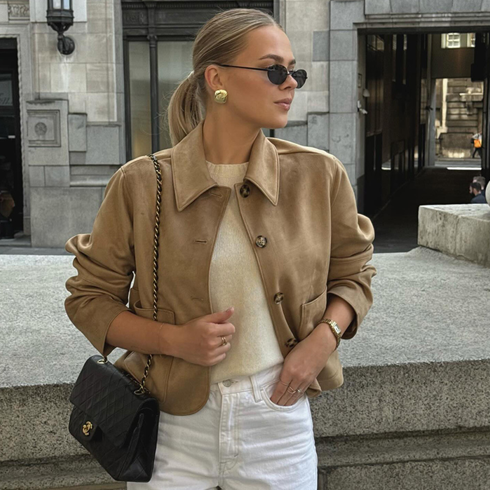 European and American 2024 Autumn and Winter New Cross-border Amazon Women's Retro Suede Casual Short Jacket Coat Women