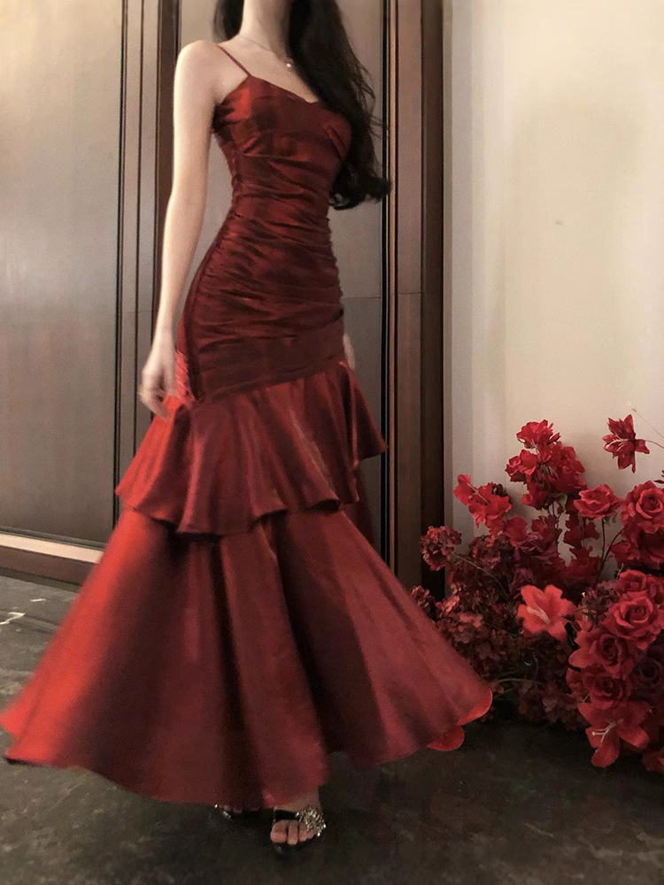 French Christmas New Year Red Strap dress Mermaid Ji Ruffled Fishtail Long Dress Birthday Carmine Dress