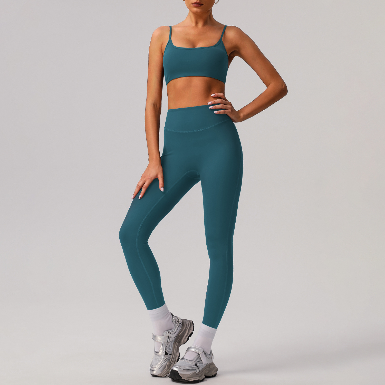 Picture of European and American Solid Color Tight Naked Yoga suit High Elastic Breathable Fitness Clothes Outdoor Body Shaping Running Sports suit Women