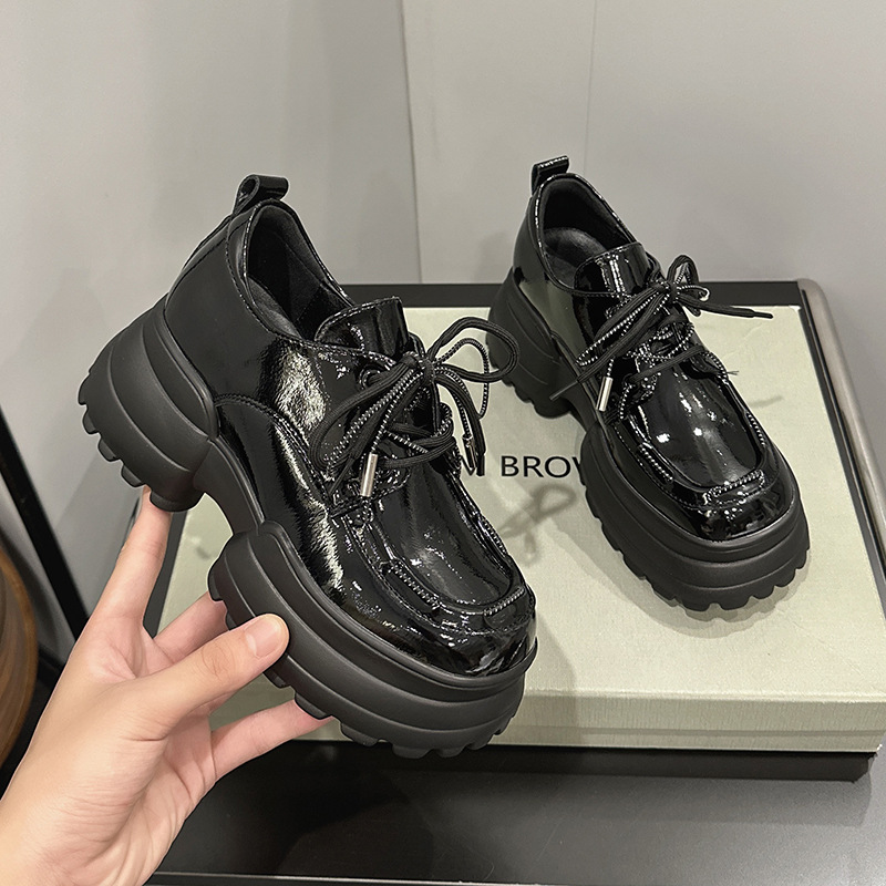 Inner Height Increasing Loafers Women's 2025 Europe Station Spring New Thick Sole Single Shoes Fashionable All-match Lace-up Small Leather Shoes