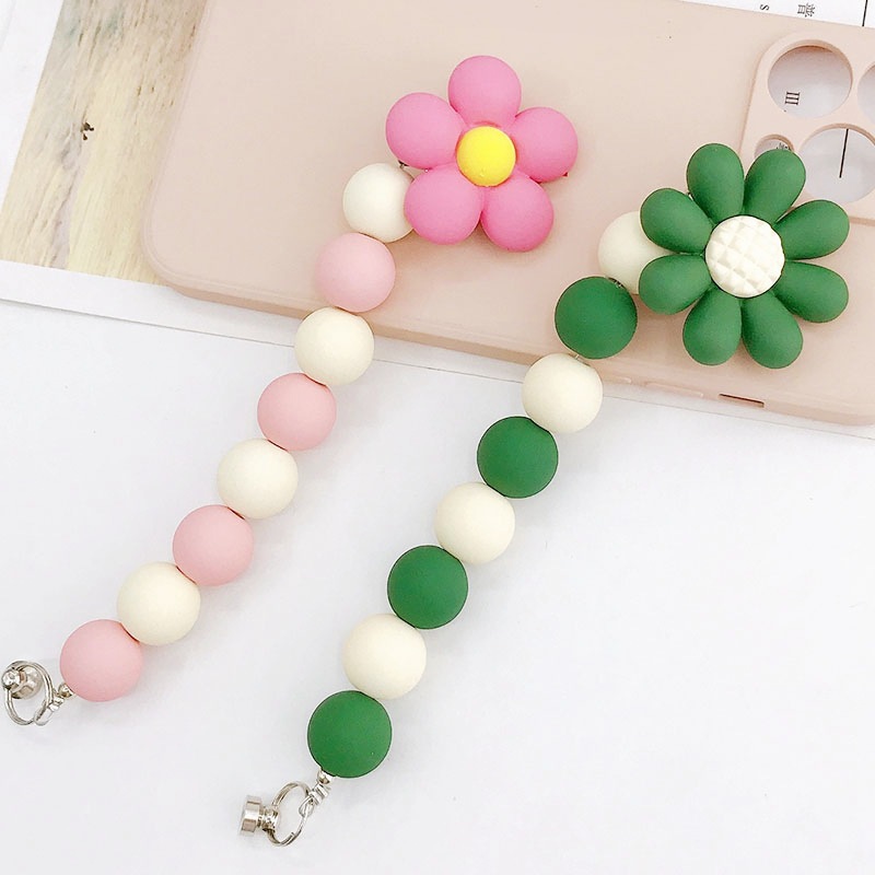 Picture of Trendy New Rubber Paint Flower Bracelet Mobile Phone Accessories Beaded Mobile Phone Chain Pendant Anti-fall Pendant for Women