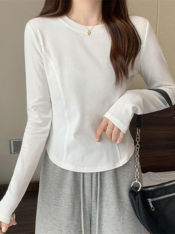 Long-Sleeved T-Shirt for Women in Spring & Fall New Sexy Design with Asymmetrical Bottoming Shirt, Slim Right Shoulder Round Neck Top