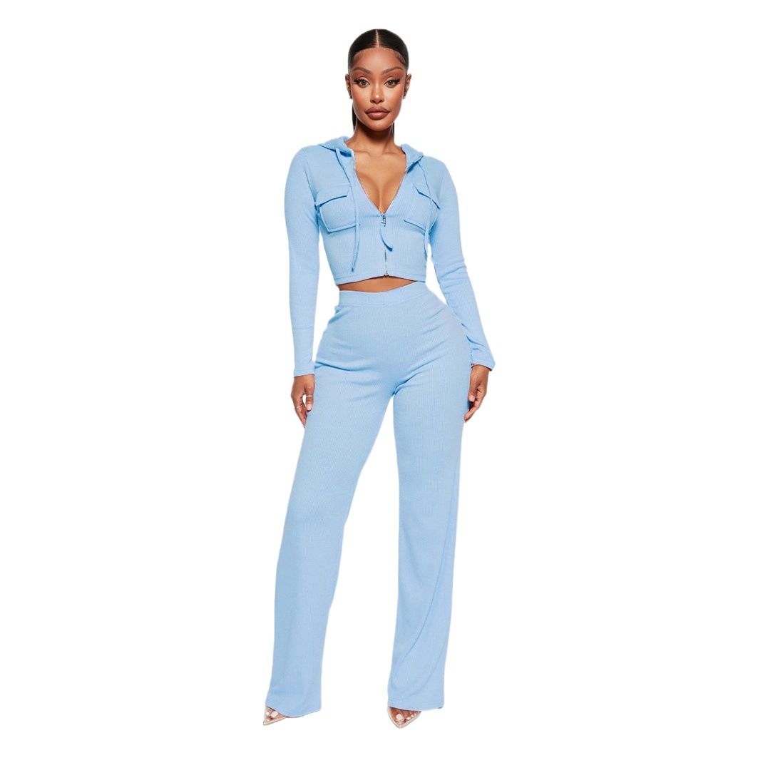 9906 Cross-border European and American Amazon Knitted Hooded Cardigan Casual Loose Pants Fashion Sports Two-piece Set