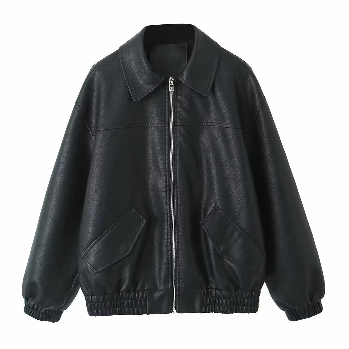 Saw Aliexpress Independent Station Women's Clothing European and American Style Fashion Simple Versatile Loose Pu Washed Leather Jacket Leather Jacket
