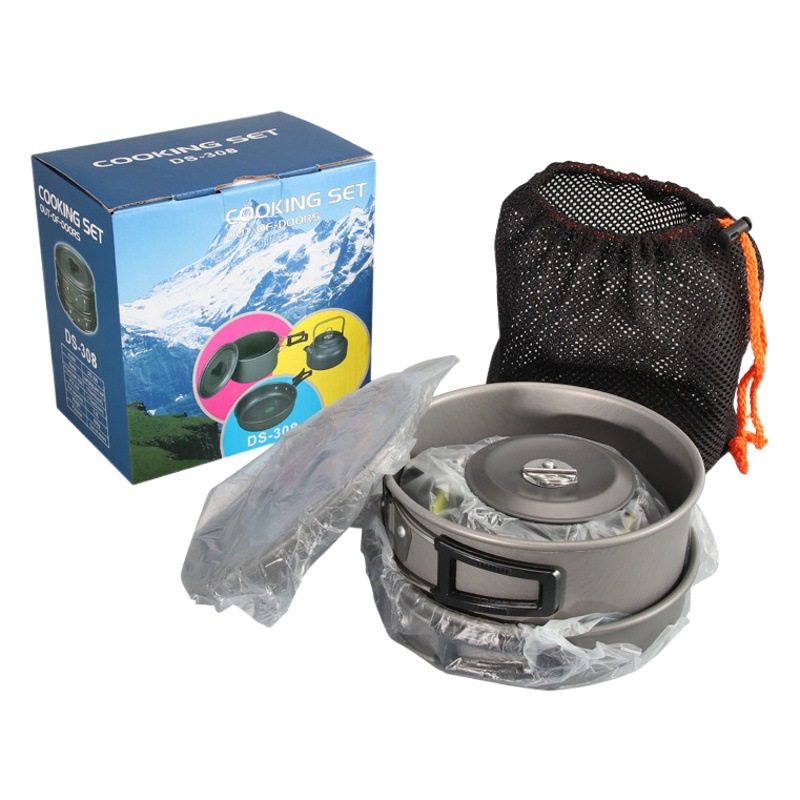 Outdoor camping 2-3 person set pot and teapot combination hard alumina pot portable camping set pot combination