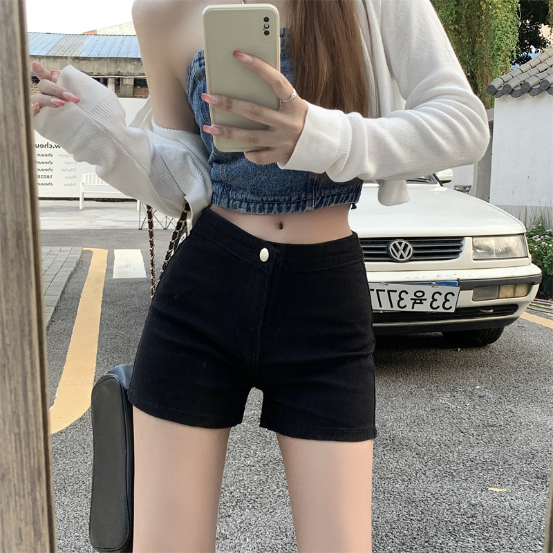Tight Straight High Waist A- shaped Thin Casual Stretch Denim Shorts Women's Outer Wear Black Base Hot Pants for Summer