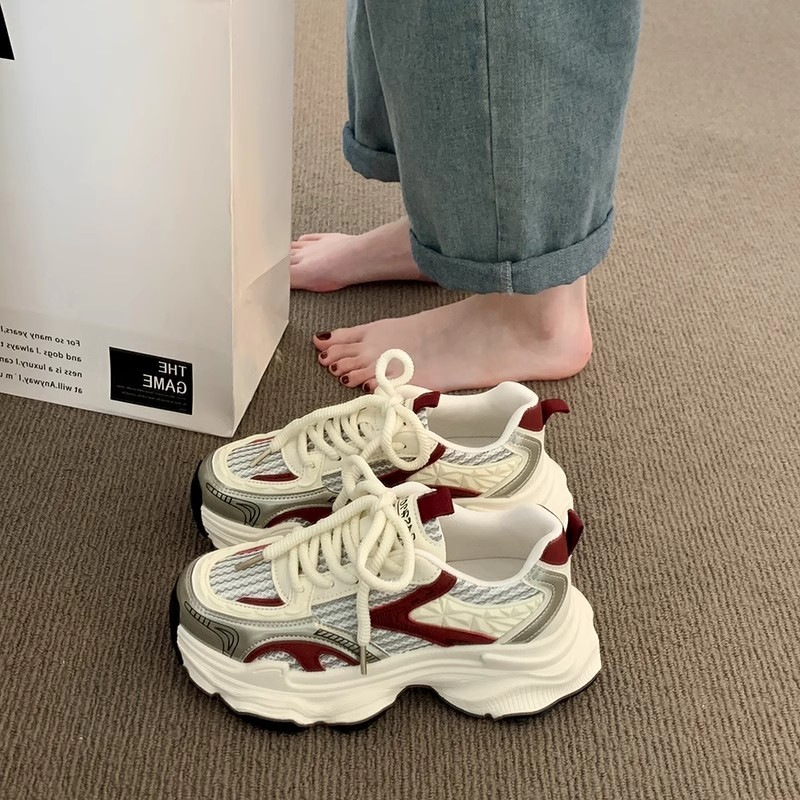 Thick-Soled Dad Shoes for Women 2025 New Spring and Summer Breathable Mesh Student Street Single Mesh Casual Red Sneakers