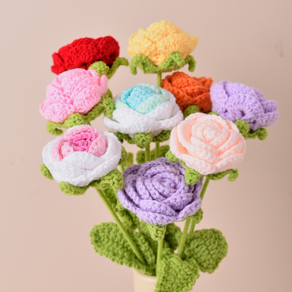 Picture of Finished Hand-Knitted Rose Artificial Flower Knitting Flower Handmade Flower DIY Wool Knitting Homemade Crochet Bouquet