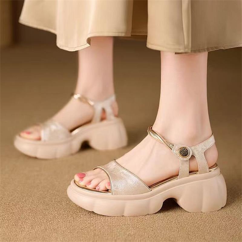 Guofeng Open Toe Platform Sandals Women's Soft Leather Outer Wear Flat Buckle Roman Shoes Summer New All-match Sandals