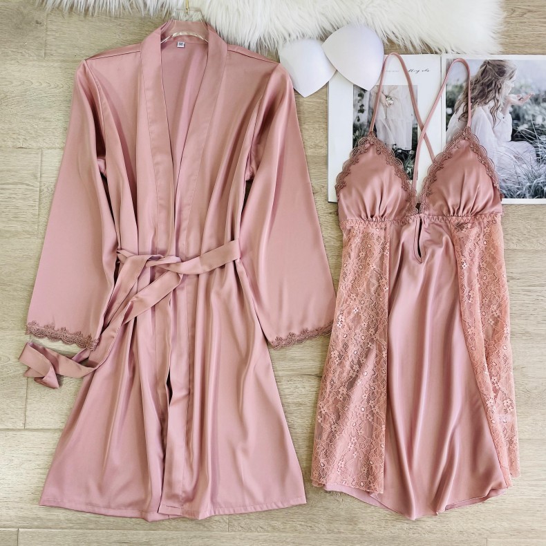 2022 Sexy Pajamas Women's Spring Autumn and Winter Ice Silk Thin Sling Nightgown Summer Nightgown Two-piece Set with Chest Pad Amazon