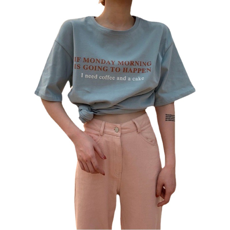 Korean Letter Printed Loose Short-Sleeved T-Shirt for Women Summer Casual Tops Student Couple Wear Bottoming Shirt Women's Clothing Trbottomy
