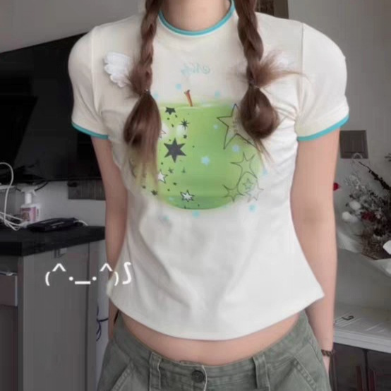 Three-dimensional wings apple printing creative summer new T-shirt slimming cute sweet girl ins shoulder short top
