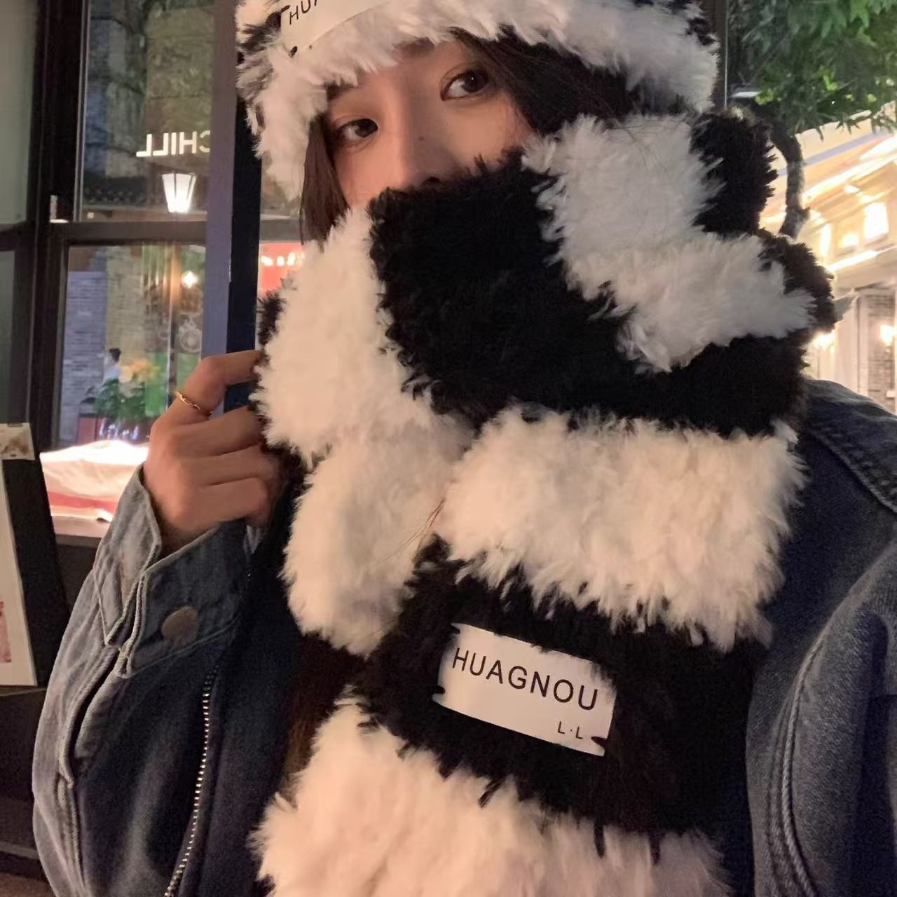 Cute plush scarf, handmade DIY knitting material wrap, coarse woolen ball, black and white striped hat, gift for boyfriend and girlfriend