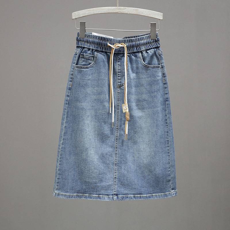 plus size Summer Elastic Waist Lace-up Denim Skirt Women's Chubby Rear Split Half-length Skirt Stretch Slim Look All-match Character Skirt