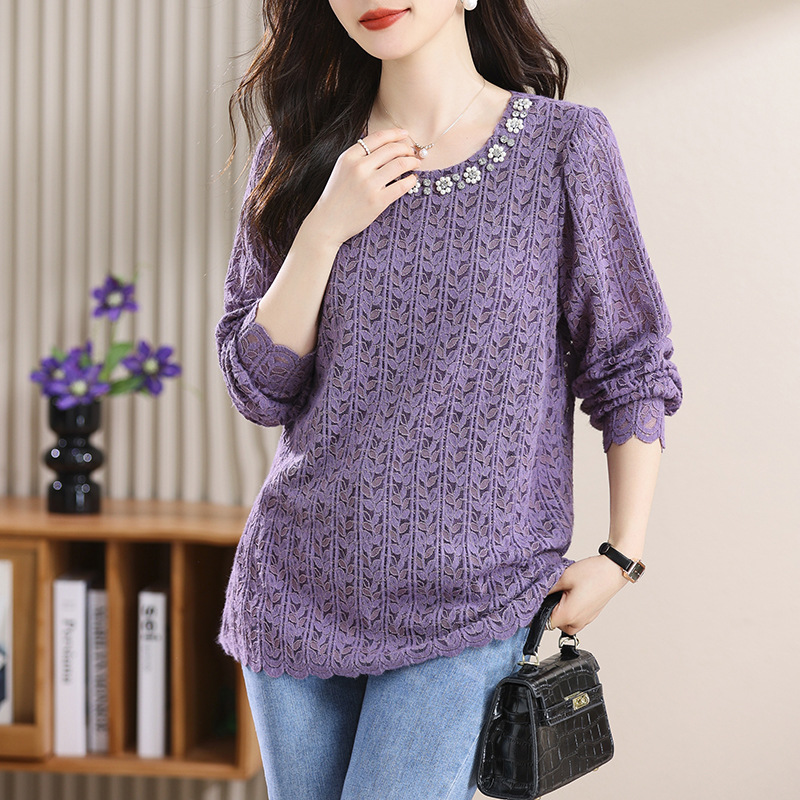 Picture of Plus Size Women's Autum New Fat mm Diamond Lace Shirt, Stylish Round Neck Long-Sleeved Bottoming Top