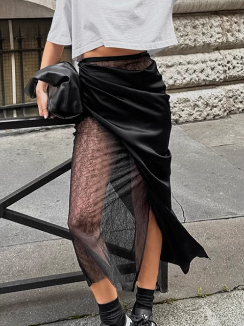 2025 Spring Spice Girls Black Wrap Lace Fart Curtain Skirt Women's Fashion Asymmetric Stitching A- Line Skirt Women's Clothing