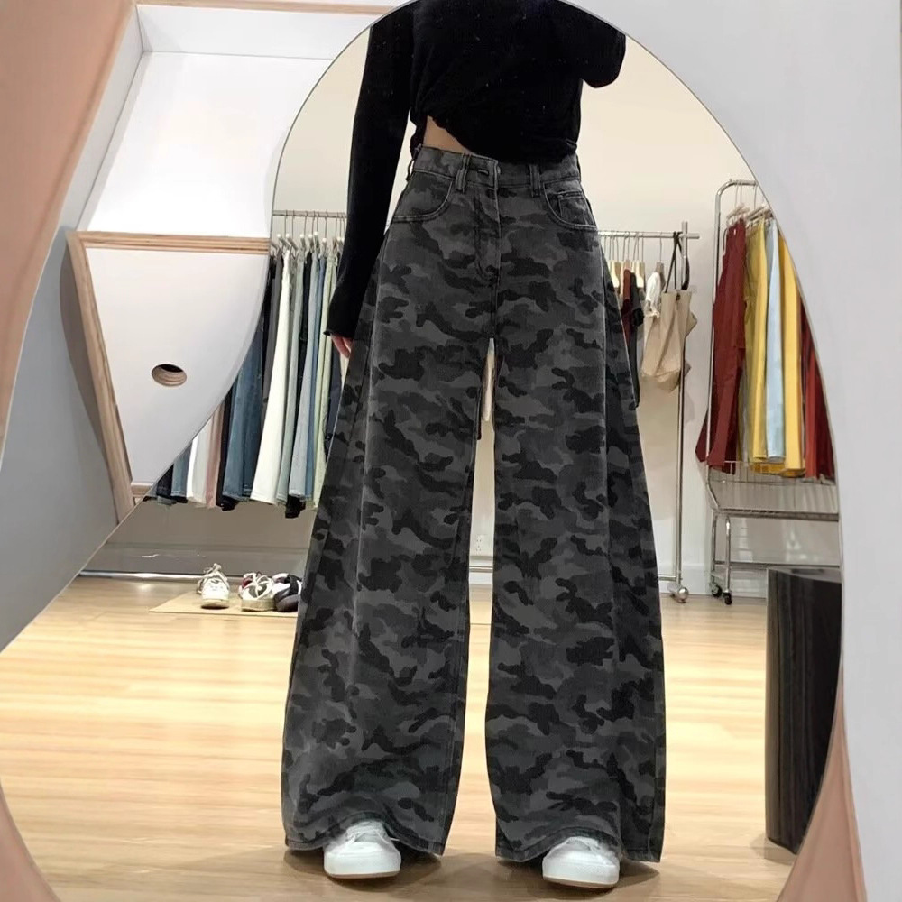 American High Street Camouflage Wide-Leg Work Pants for Women, 2025 Autumn/Winter Loose Straight-Leg Slimming Versatile Floor-Length Denim Pants