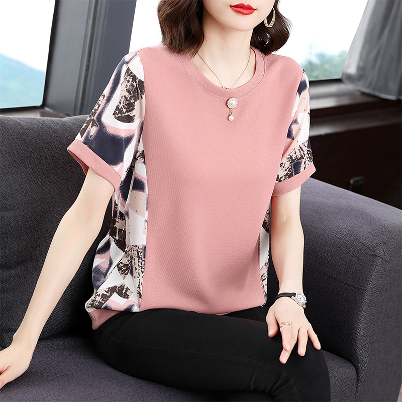 Cross-border Summer plus size Women's Clothing Stitching Printed Short-sleeved T-shirt Women's Korean-style Loose All-match T-shirt Top
