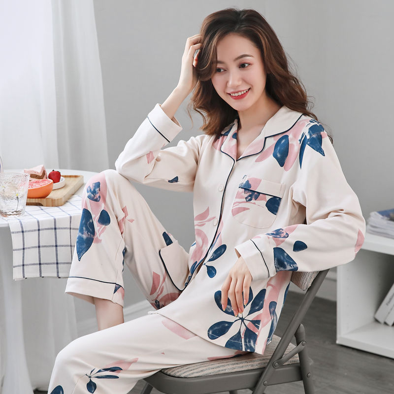 Pajamas Women's Long Sleeve Spring and Autumn 100% Cotton Korean Style Women's Large Size Thin Autumn and Winter Home Clothes Two-piece Suit