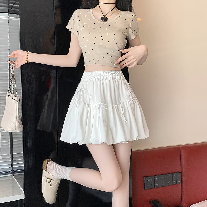 2024 Summer New Arrival Bow Lace-Up Clouds Puffy Skirt Bud Pleated A- Line Skirt Lantern Skirt Women