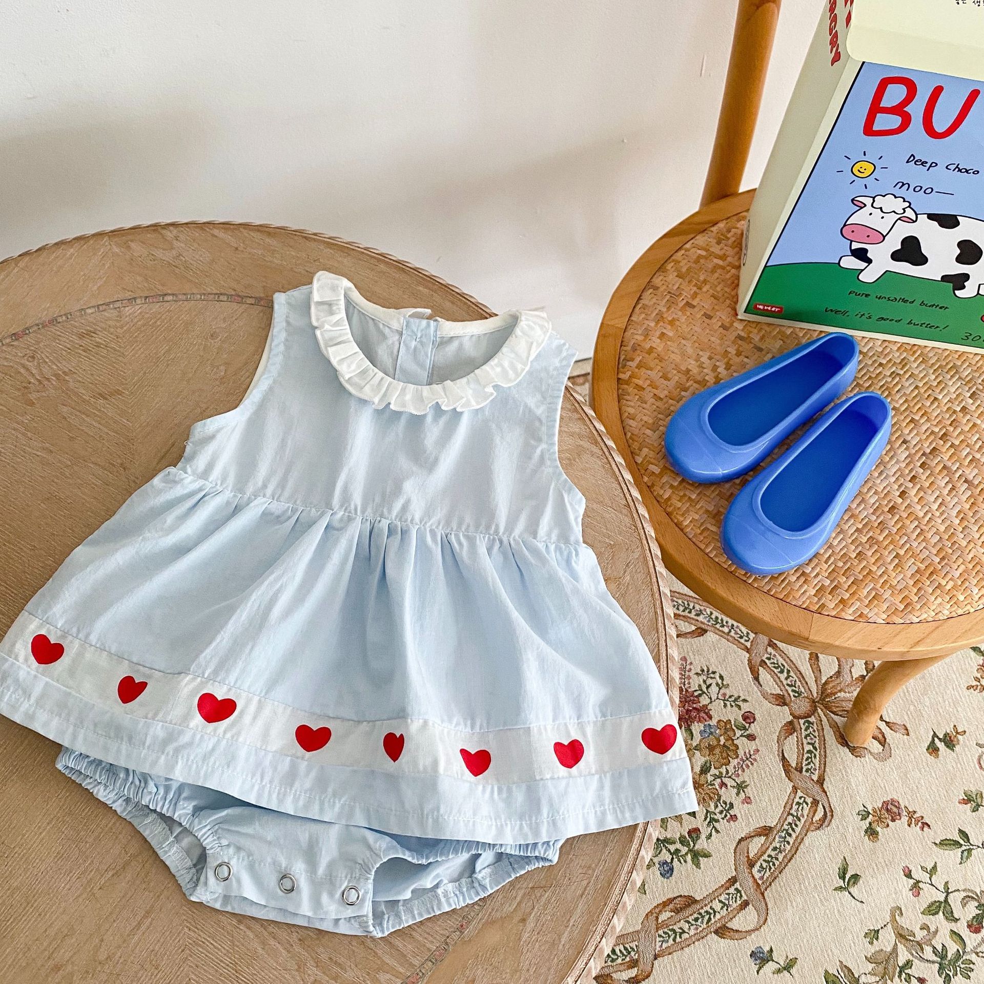 Picture of 2025 Summer Style Infants and Young Kidsren Cotton Splicing Heart Breathable One-Piece Clothes for Baby Girls One-Piece Romper
