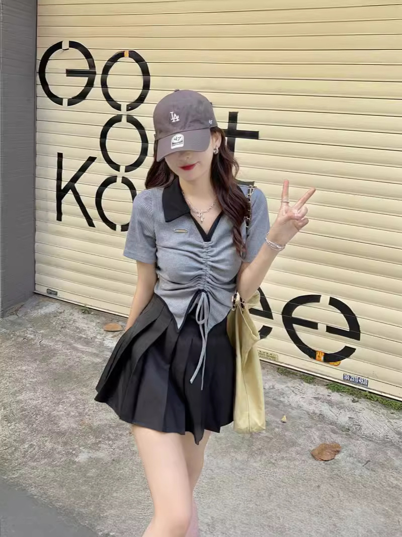 Irregular V-neck Drawstring Pleated Shoulder Short-sleeved T-shirt Women's Summer New Sweet Spice Girl Slimming Short Top