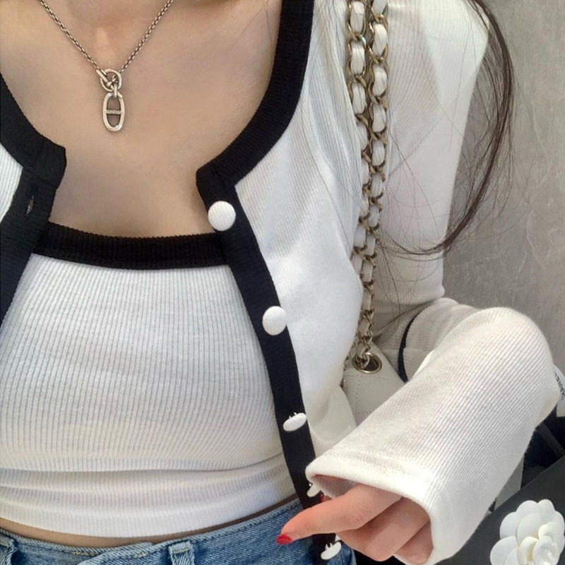 Picture of Korean Spring and Summer New Style Slim and Comfortable Elegant Figure-Showing Sling + Shoulder Pad Long-Sleeved Cardigan Short Two-Piece Set for Women