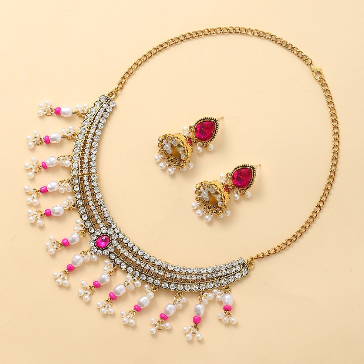 Picture of European and American Cross-border Pearl Tassel Drop Beads Exaggerated Necklace Earrings Women Bohemian Fashion Vintage Jewelry suit Women