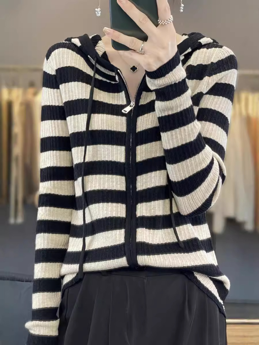 2024 Autumn and Winter New Sweater Striped Double Zipper Hooded Knitted Cardigan Loose All-match Fashion Lazy Top