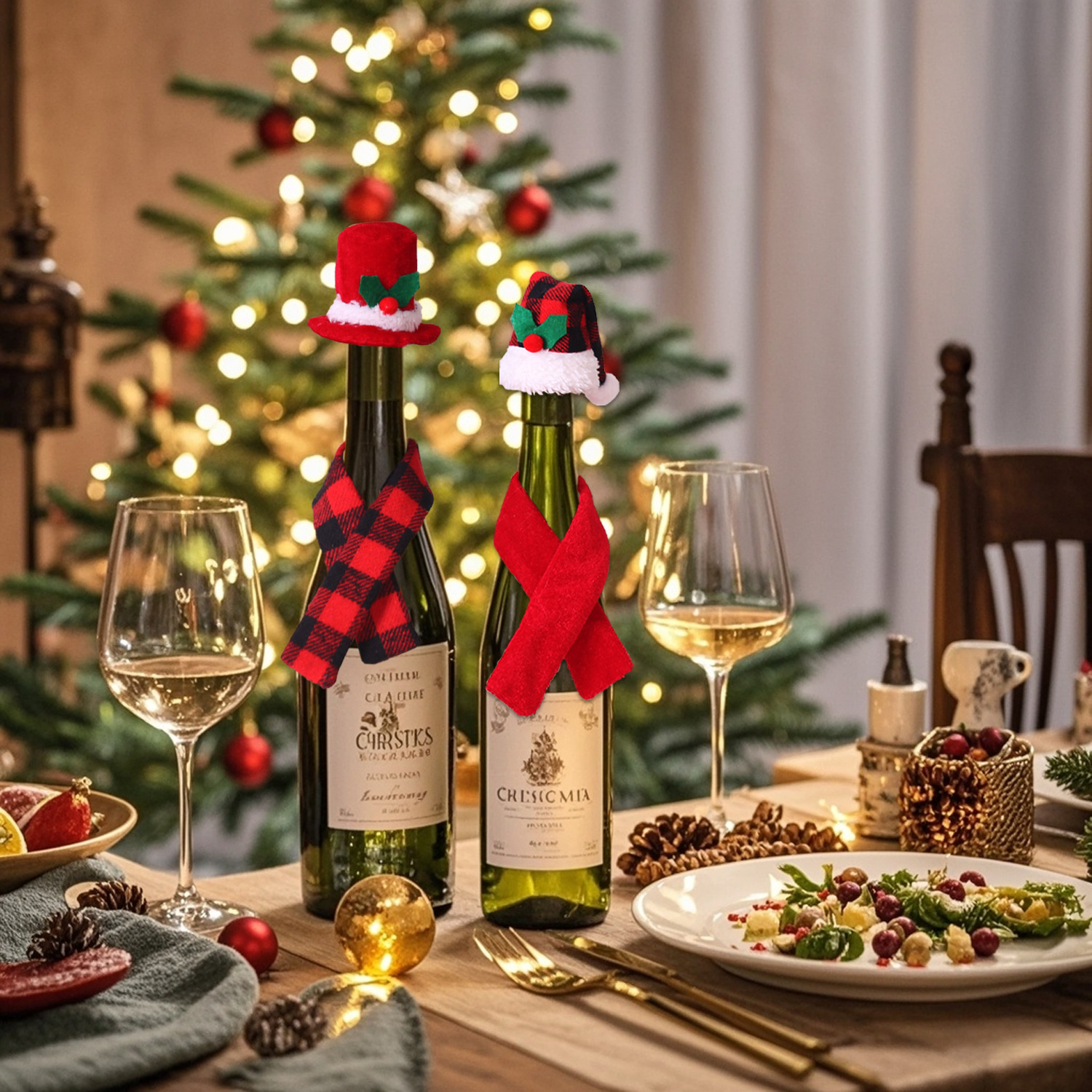 Picture of Christmas Creative Decorations Scarf Hat Two-piece Set Red Wine Bottle Set Hotel Restaurant Decoration Dress-up Supplies