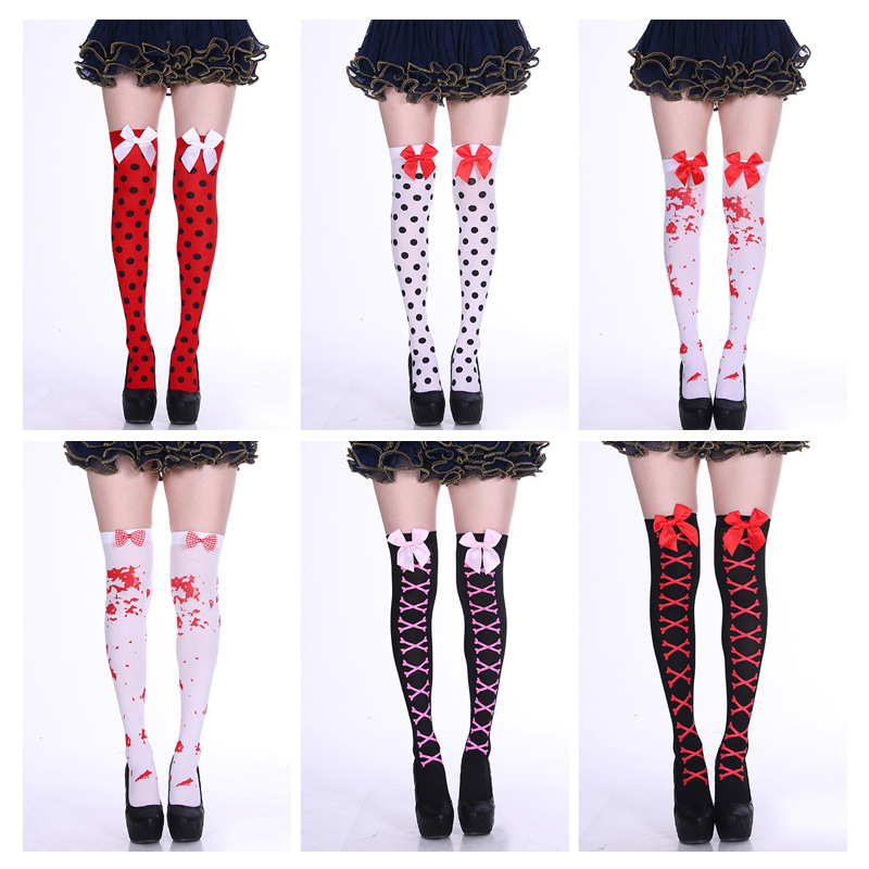 Bow Print Socks Skull Bones Dot Halloween Knee Socks Dark Cospaly Holiday Stockings