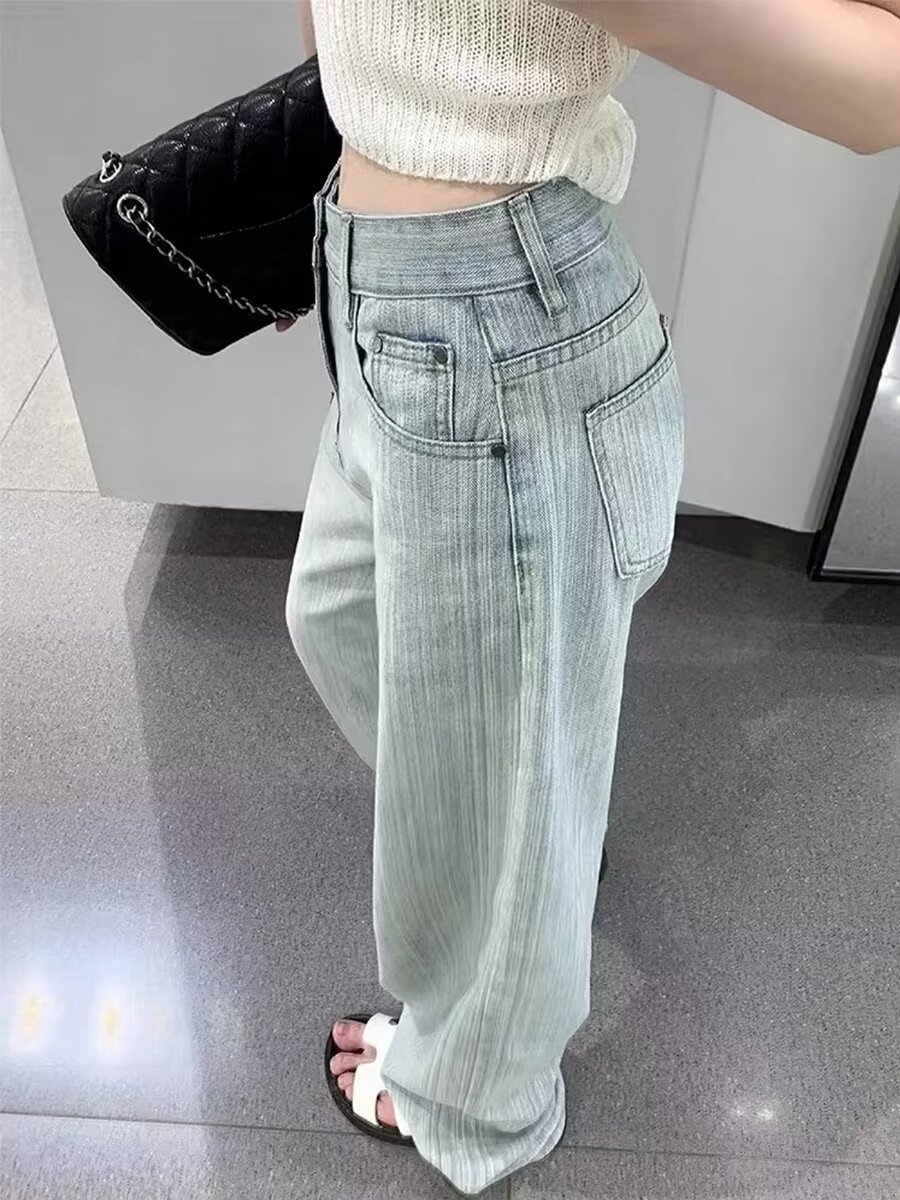 light blue Design Sense Straight-Leg Jeans Women's 2025 Spring chubby girl Pear-Shaped High-Waist Slim Wide-Leg Pants