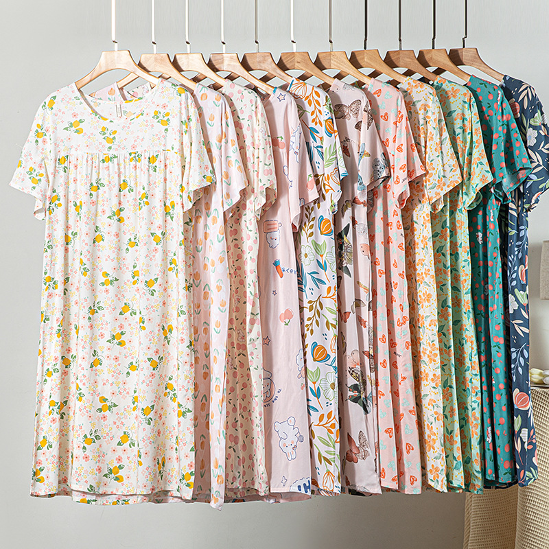 Women's cotton silk nightdress summer thin short-sleeved pajamas sweet loose artificial cotton plus size dress spring and autumn home wear
