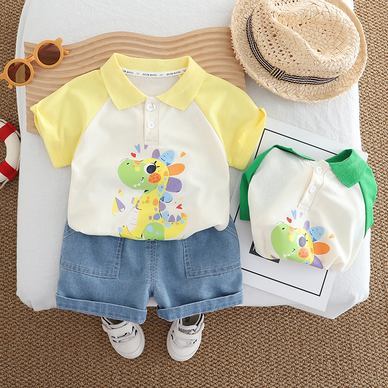 2025 summer new boys cartoon lapel short sleeve suit boys baby casual Denim shorts two-piece wholesale