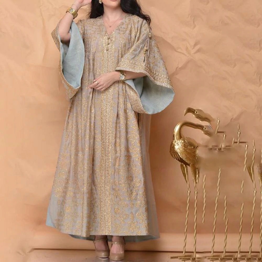 Spring and Summer 2022 New European and American Women's Clothing Amazon V-neck Printed Gold Embroidered Loose Horned Sleeve Dress Robe