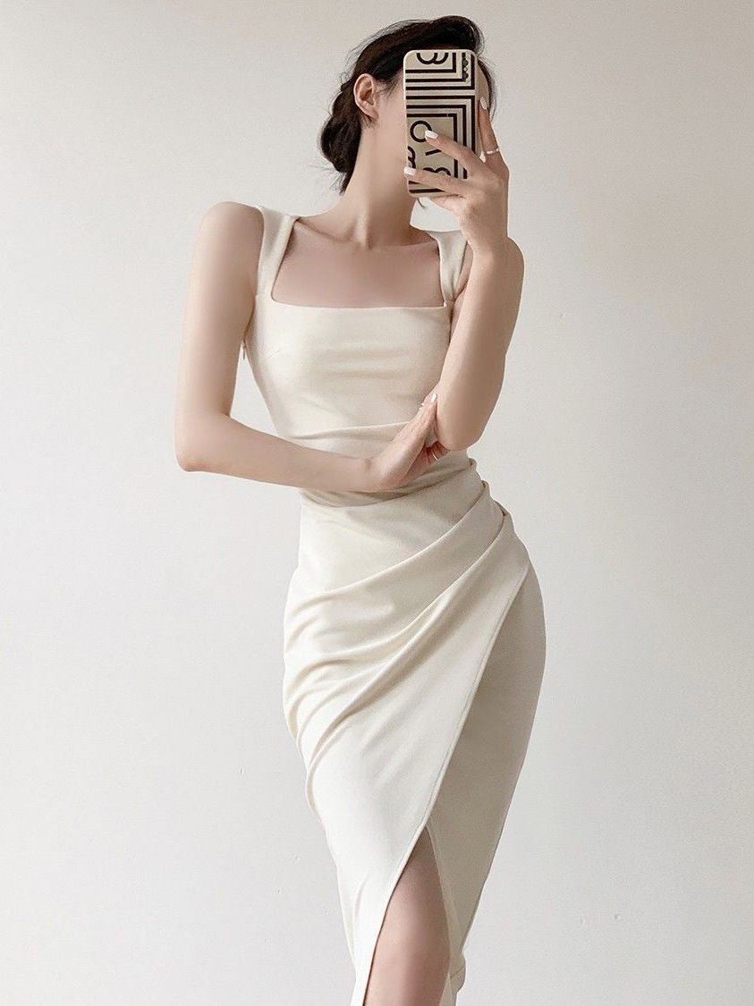 High-end slip dress, summer women's new square neck, French waist, high-end sense of niche fishtail long skirt trend