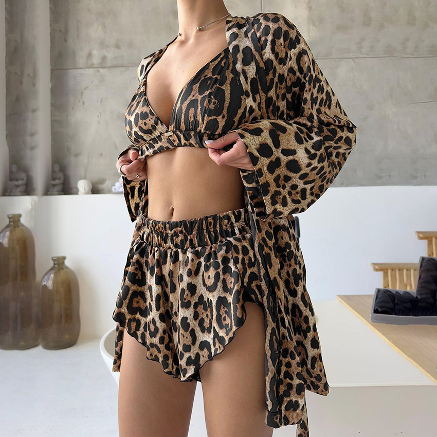 European and American Foreign Trade 2025 Summer New Leopard Print Loose Long-sleeved Underwear Shorts Pajamas Three-piece Cross-border Home Clothes