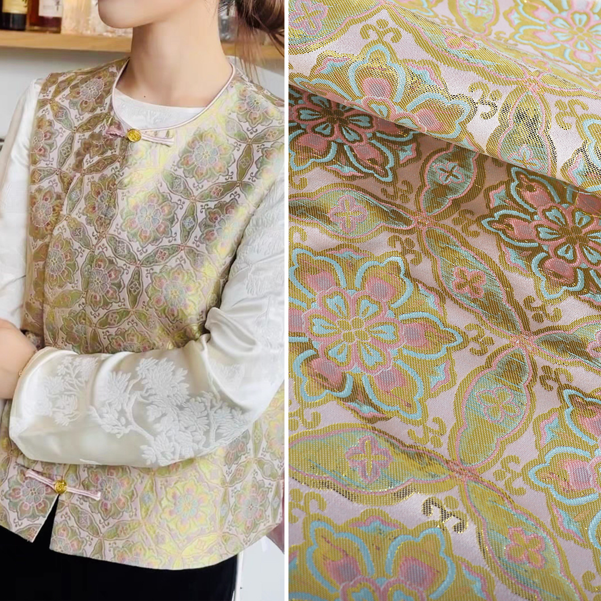 Guofeng Vest Cheongsam Hanfu Yarn-dyed Jacquard Fabric Large Machine Embroidered Tang Suit Button Coat Silk Fabric