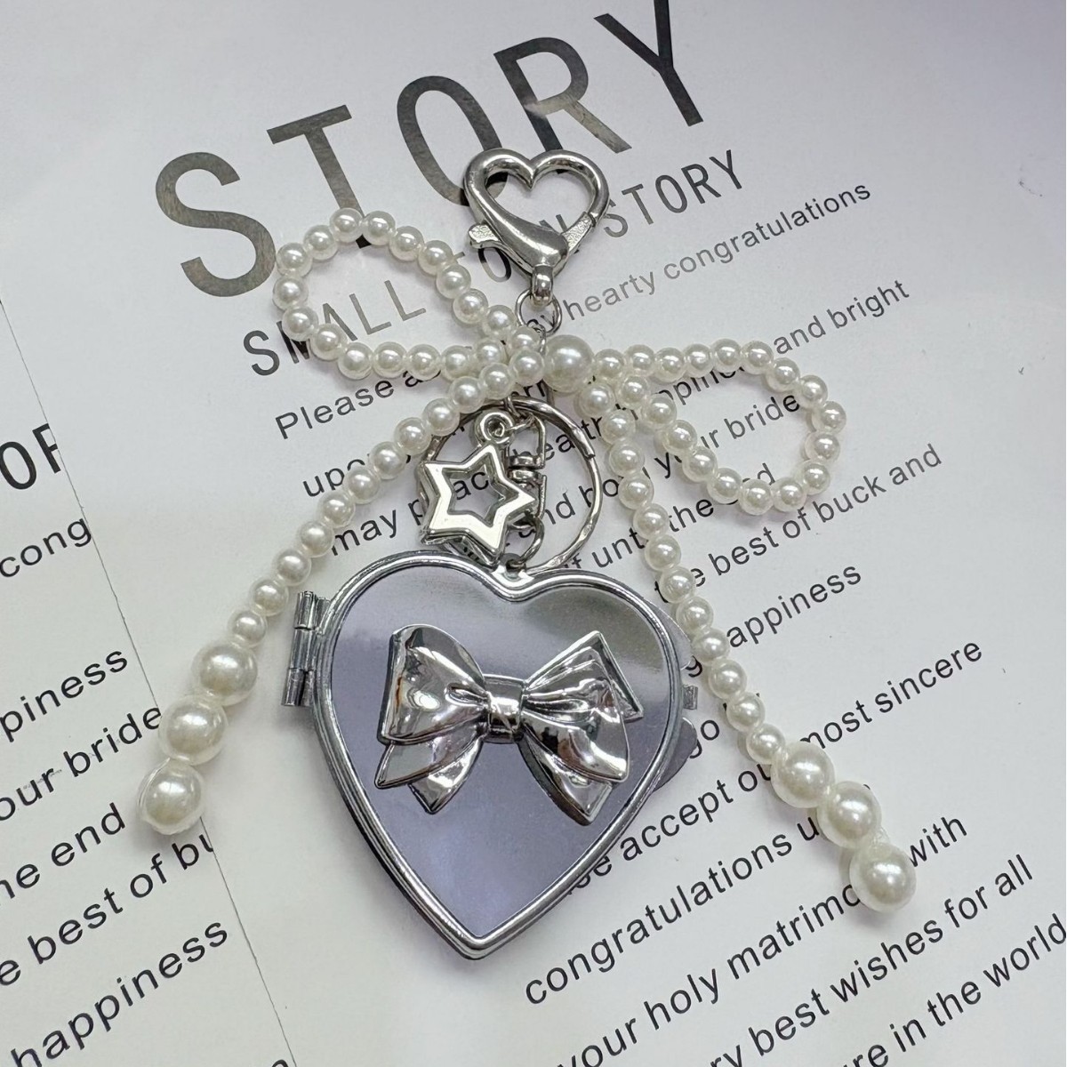 Korean Fashion Pearl Bow Silver Heart Mirror Pendant Star Pendant Keychain Accessories Bag Pendant