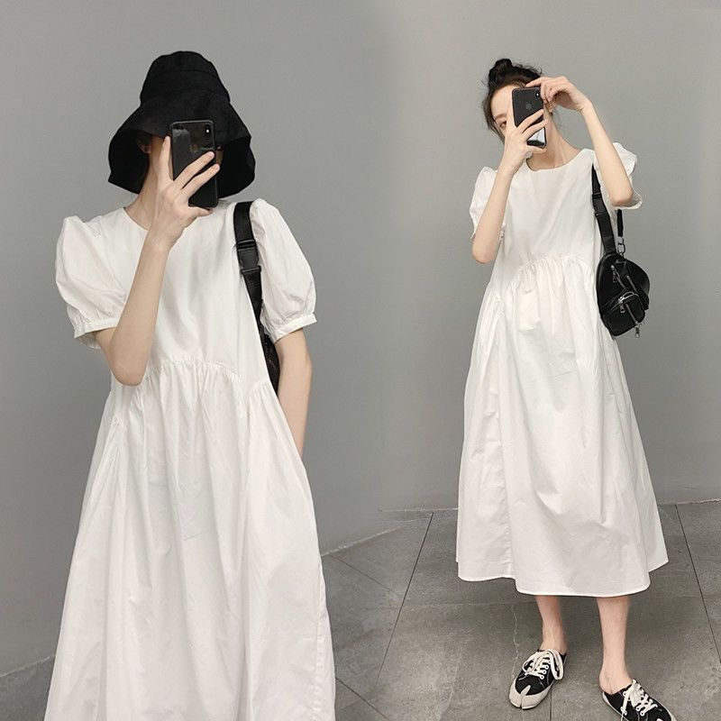 Simple Dress Women's Summer 2023 New Puff Sleeve Chubby Girl Slight Fat Covering Flesh Slimming Large Size All-match Trendy Skirt