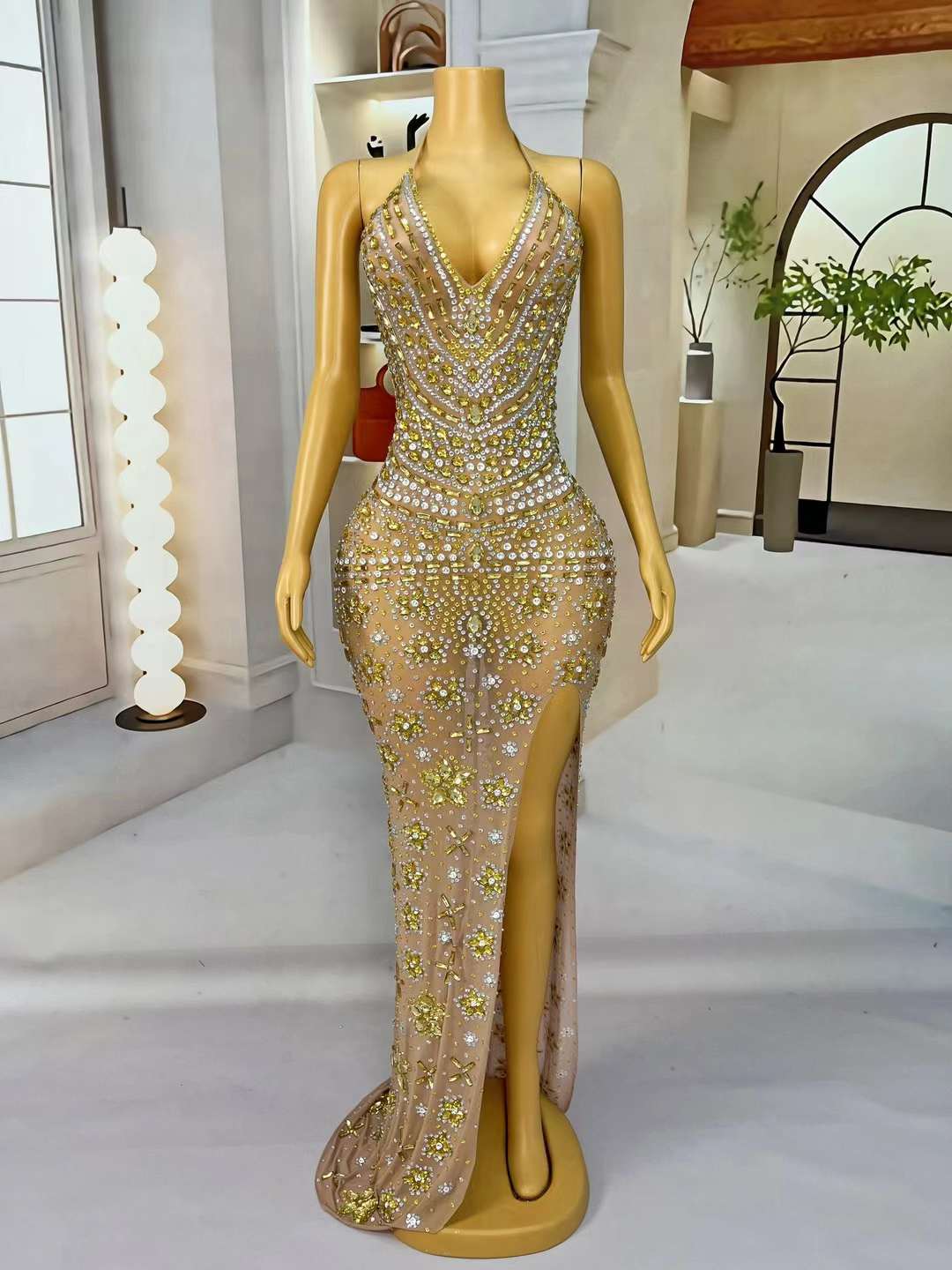 European and American Women's New Sexy Deep V Backless Luxury Full Diamond Sleeveless High Split Cocktail Party Dress dress