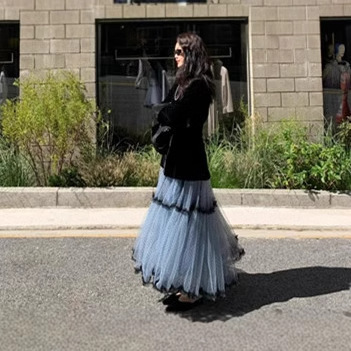 Blue Lace Stitching Wave Dot Double-Layer Skirt Long Skirt Women's 2025 Summer Lazy Style