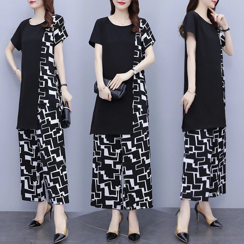 200 Jin Large Size Casual Fashion Suit Women's Chubby mm Summer New Western Style Loose Wide Leg Pants Two-Piece Set