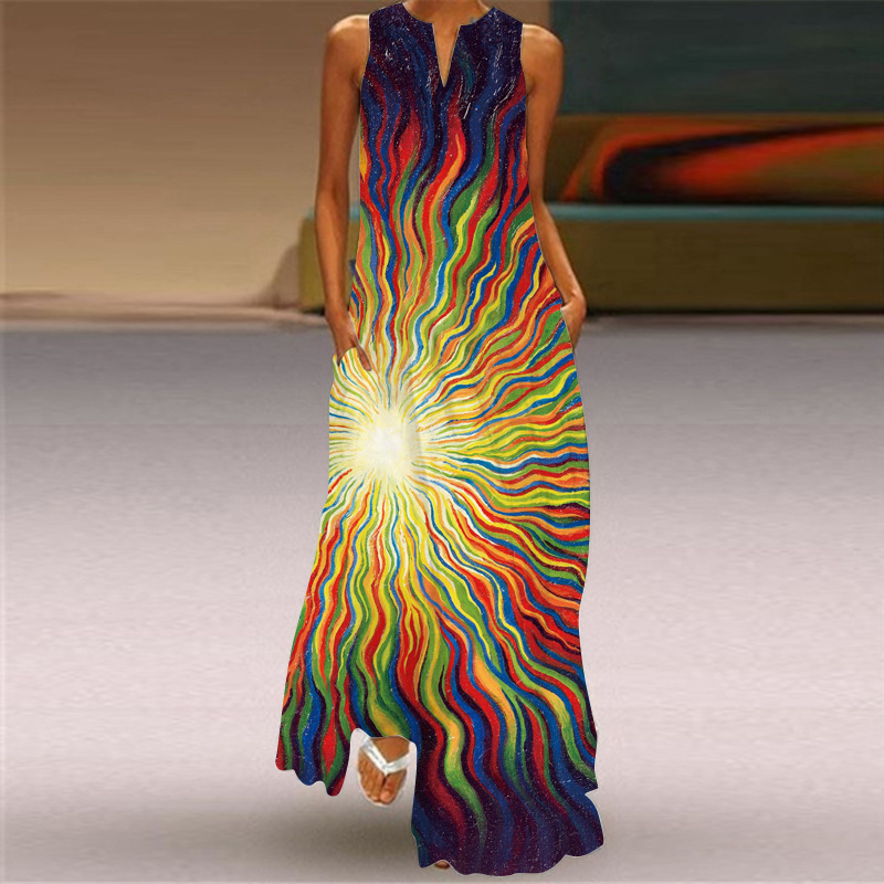2024 new summer women's sleeveless V-neck printed sexy dress long dress European and American cross-border foreign trade women's clothing
